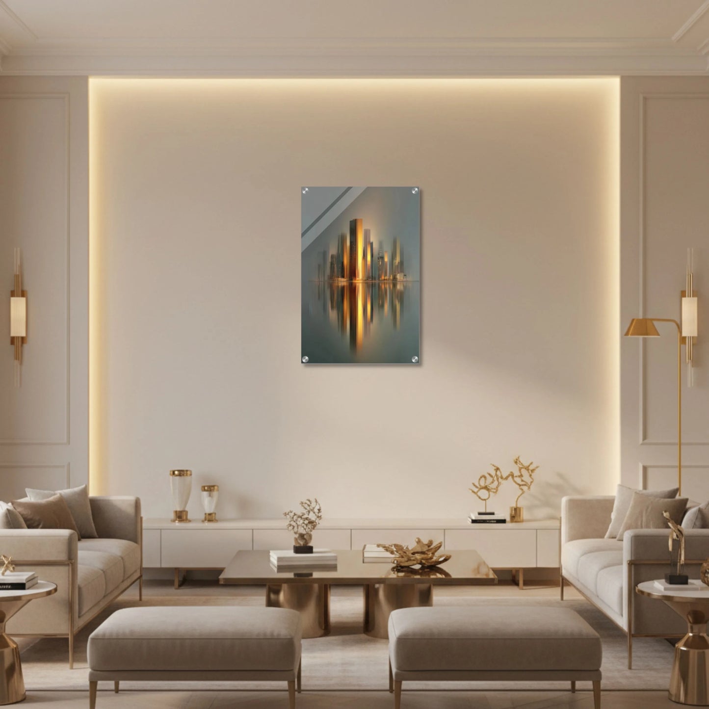 Golden City Reflection – Abstract Acrylic Wall Art