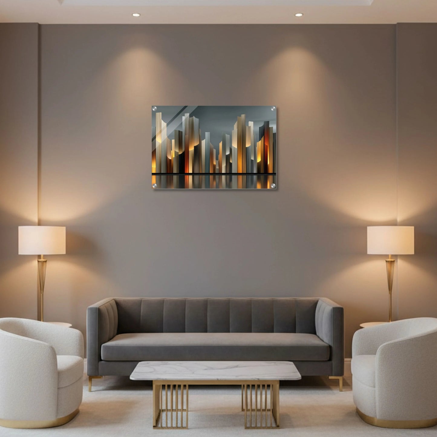 Modern living room with gray sofa, white armchairs, and a wall-mounted abstract art piece.
