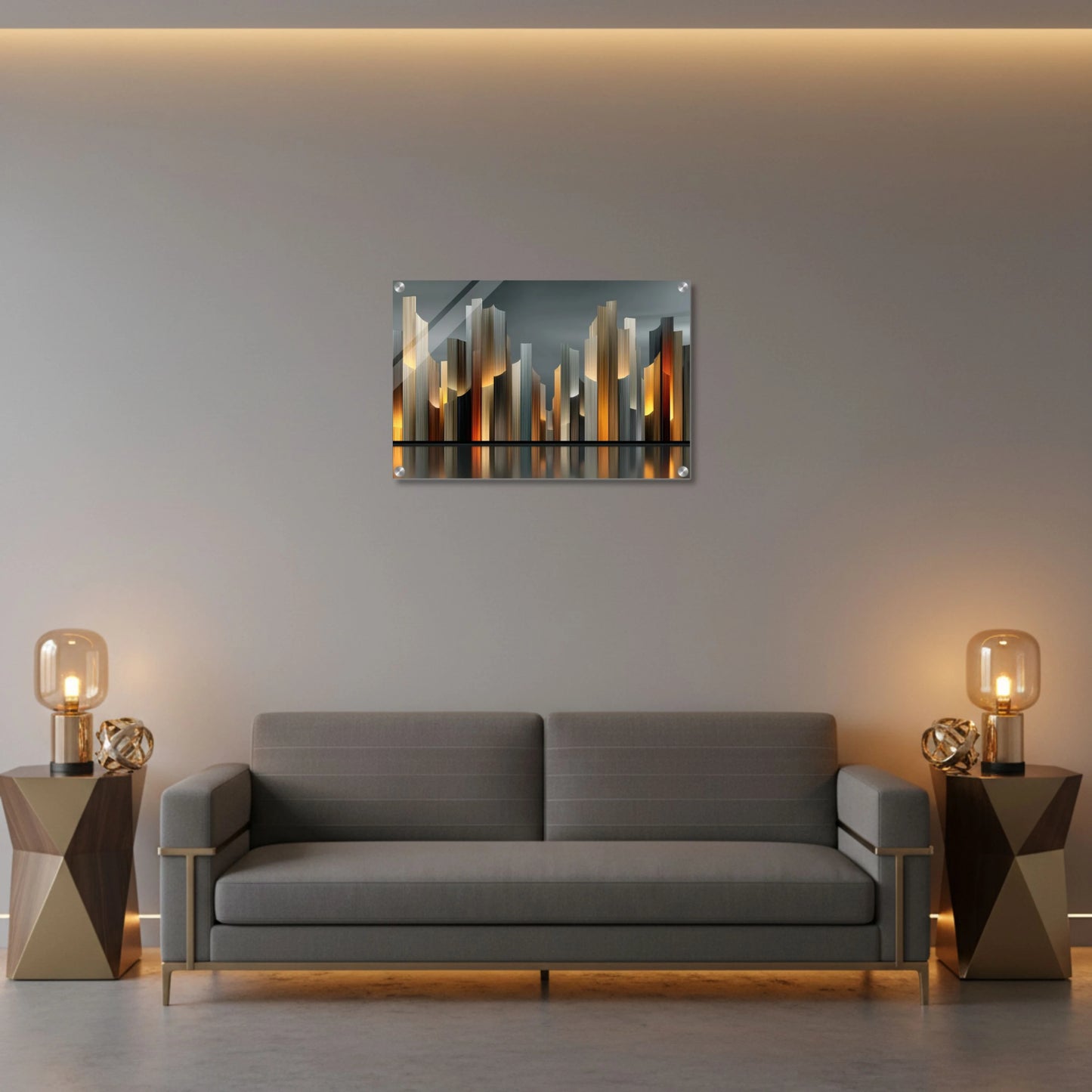 Modern living room with a gray sofa, side tables, and a wall art piece.