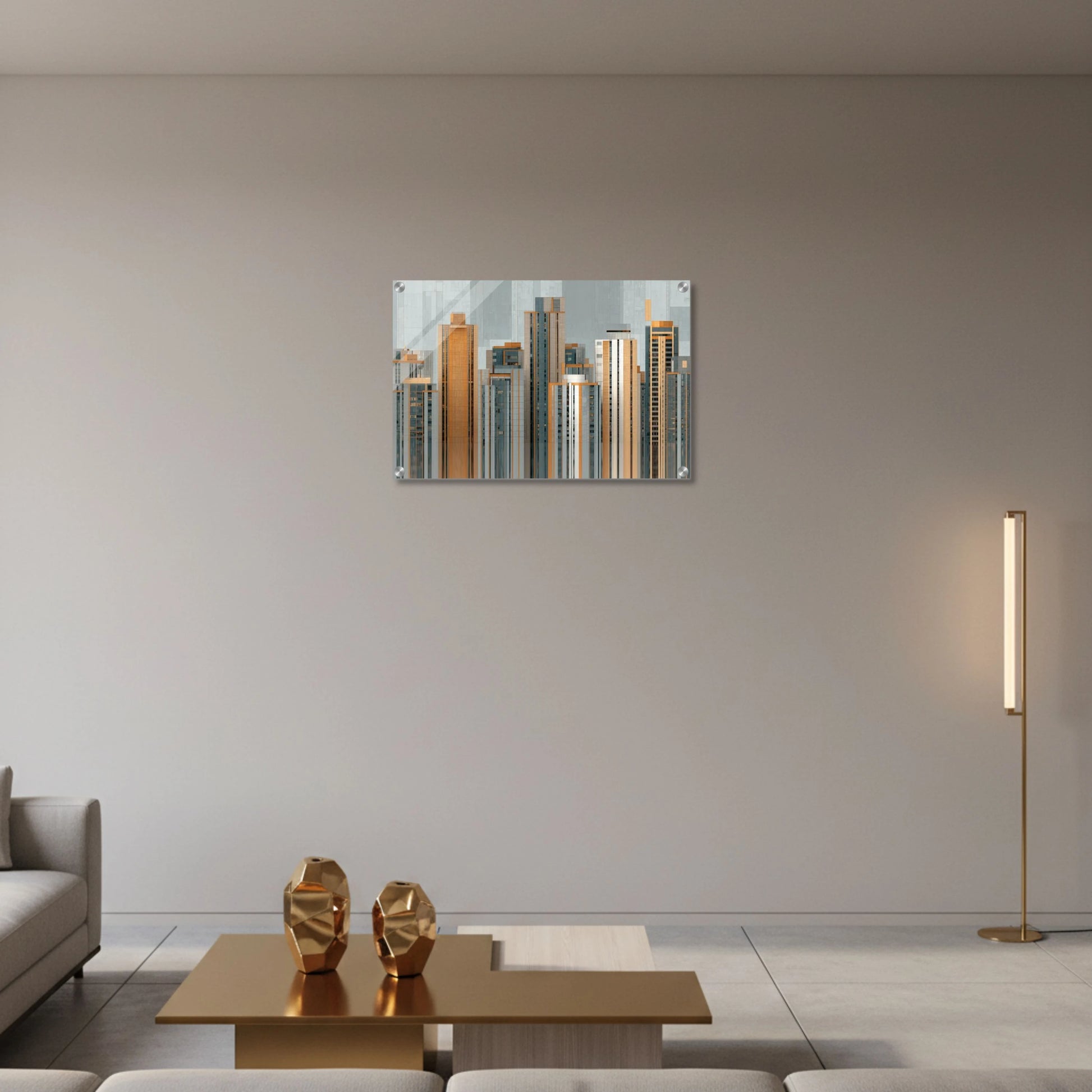 Modern living room with a cityscape mirror on the wall, a table with sculptures, and a floor lamp.