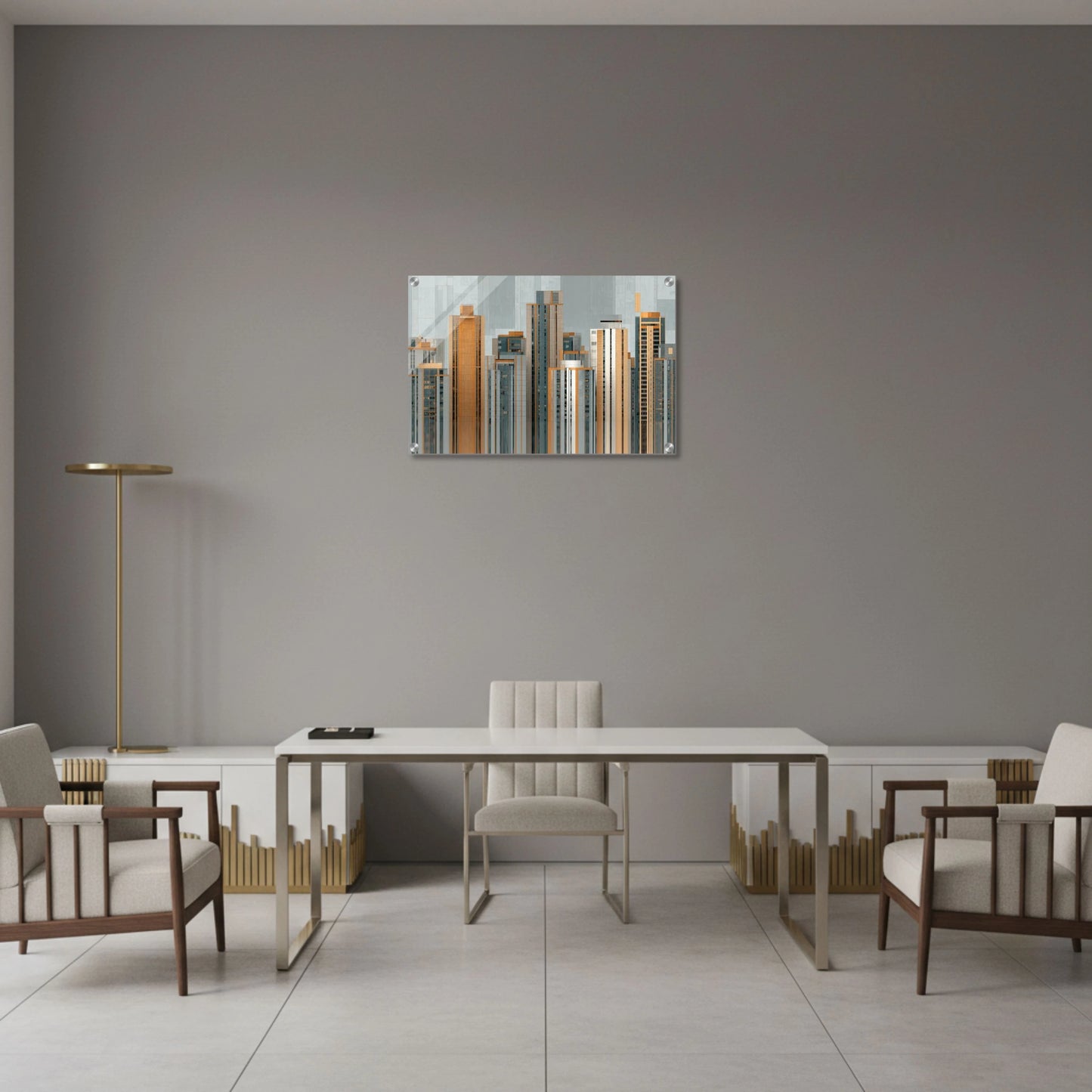 Modern dining room with a cityscape wall art piece on a gray wall.
