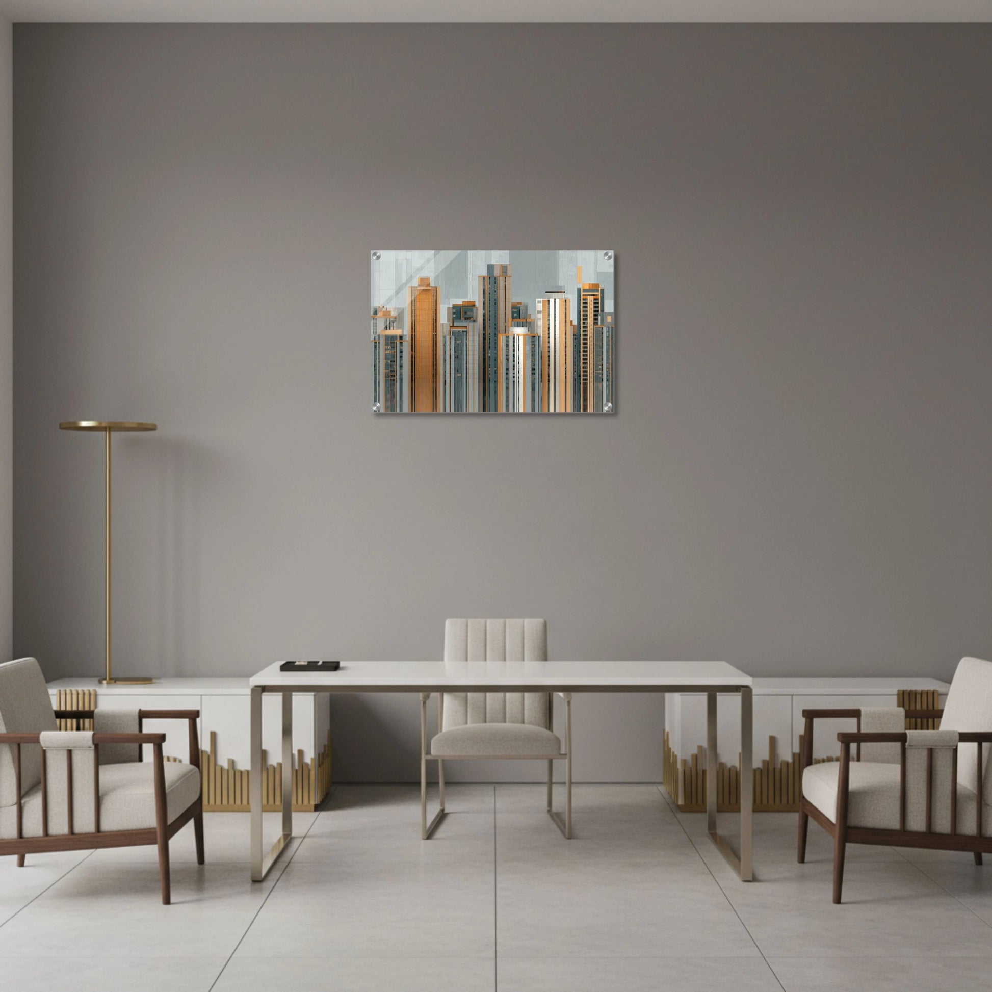 Modern dining room with a cityscape wall art piece on a gray wall.