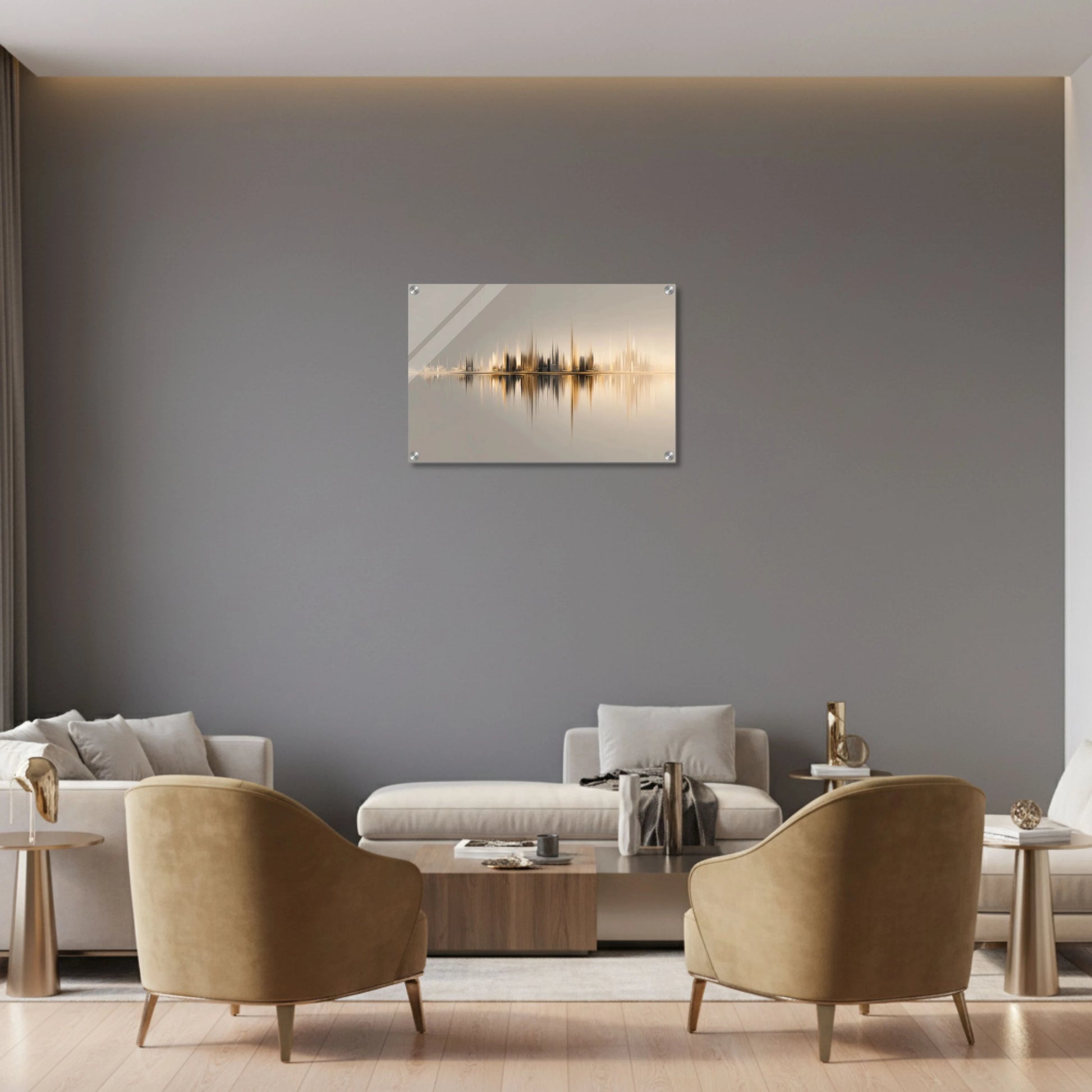 Modern living room with gray walls, beige chairs, and a cityscape wall art piece.