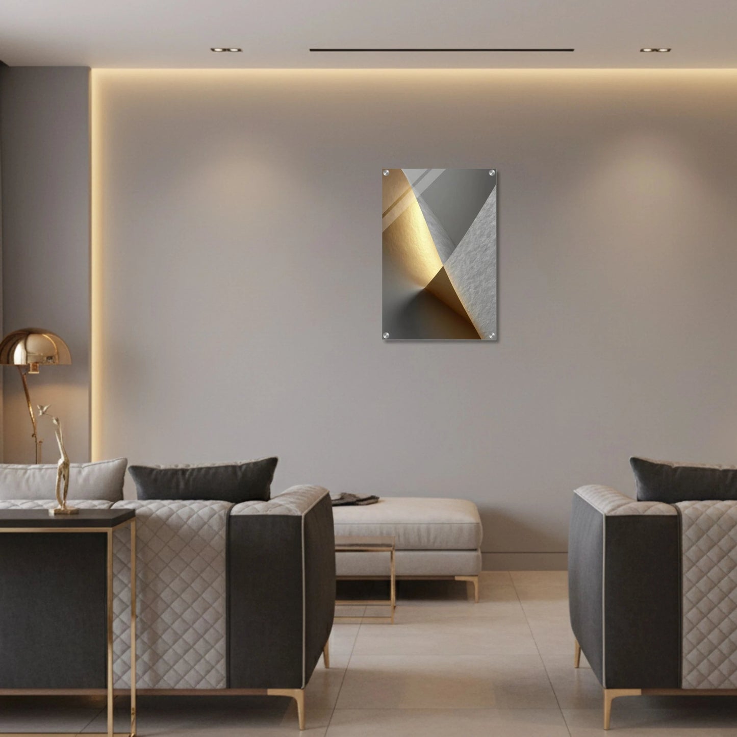 Modern living room with gray sofas, a coffee table, and wall art.