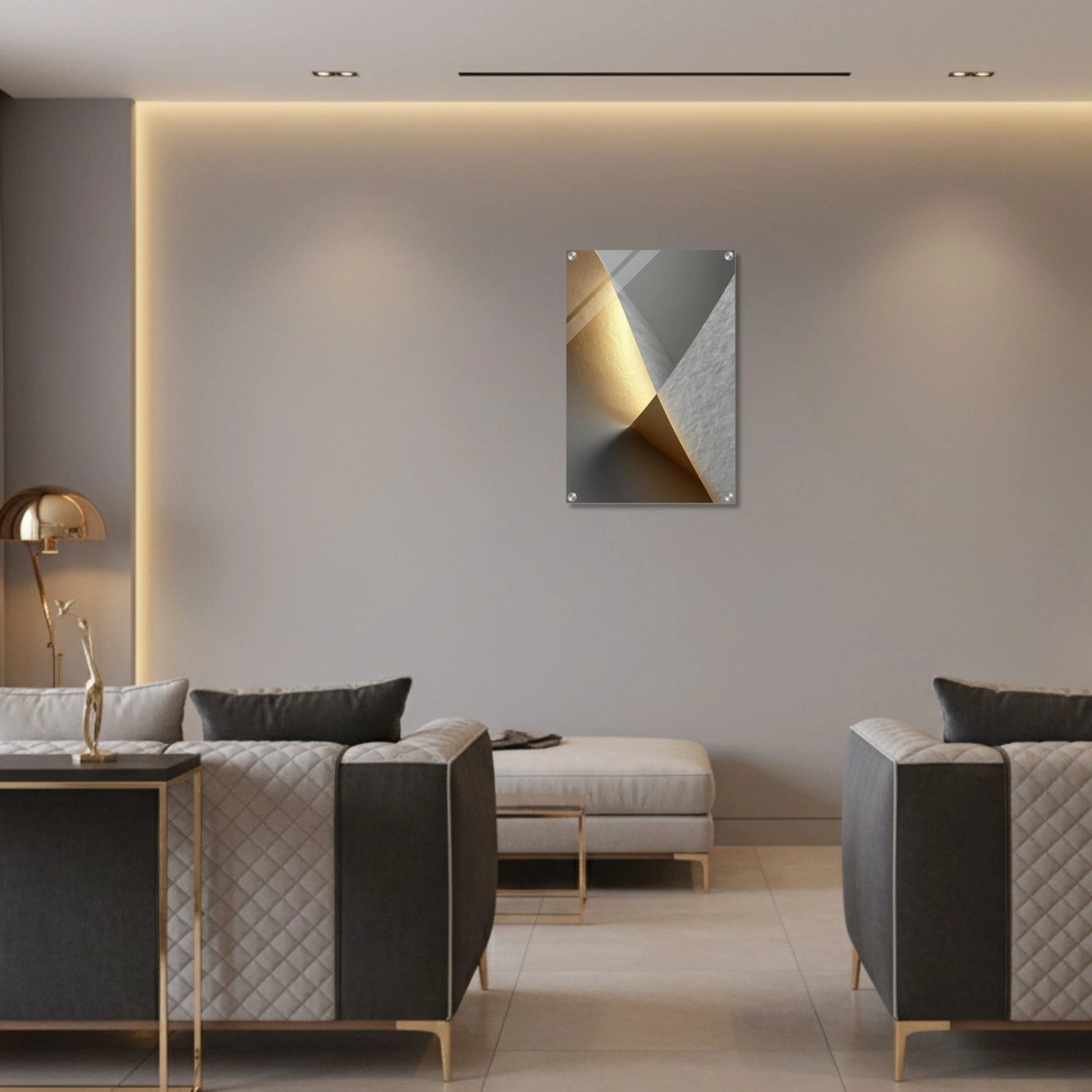 Modern living room with gray sofas, a coffee table, and wall art.