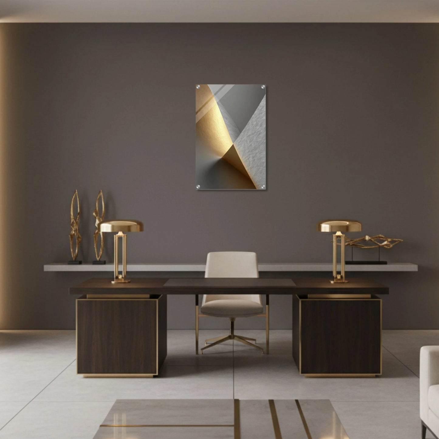 Modern office interior with a desk, chair, and wall art in a stylish room.