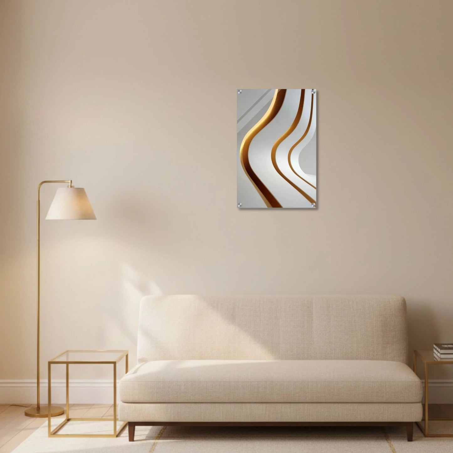 Modern living room with a abstract painting on the wall, sofa, and side tables.