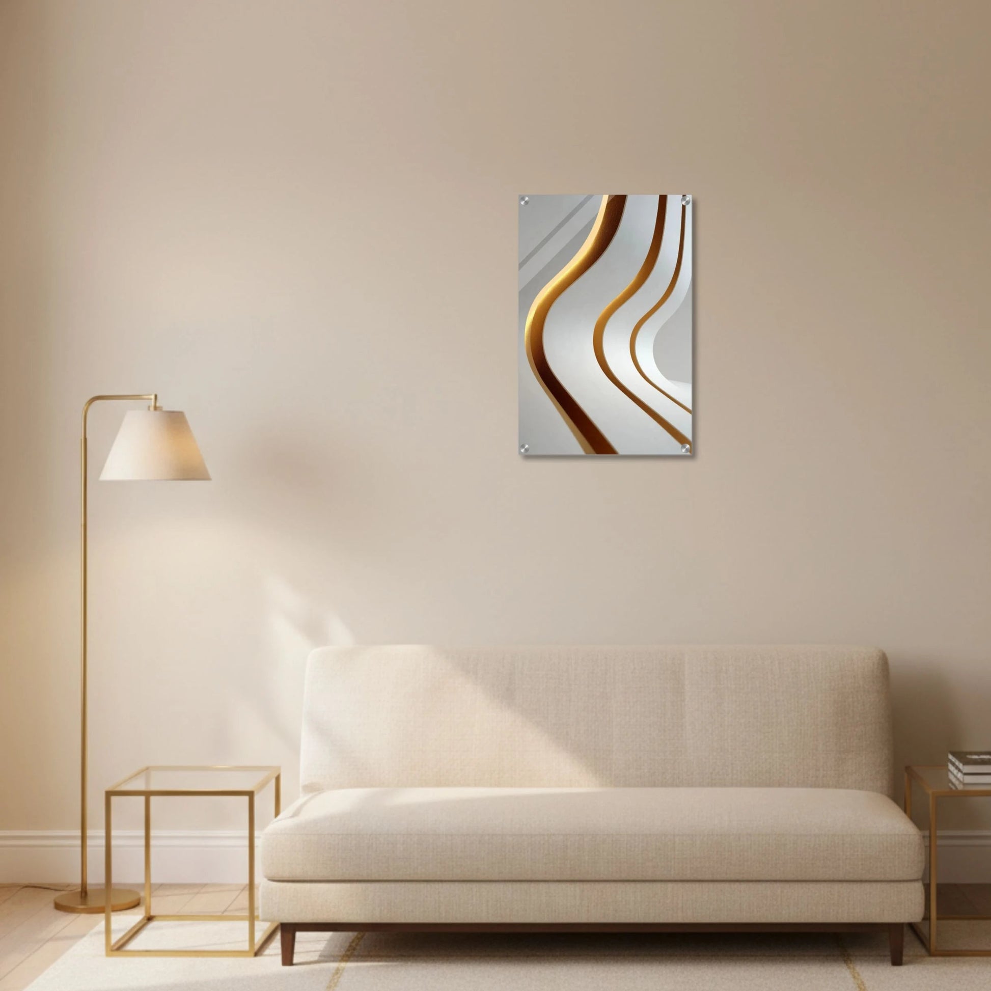 Modern living room with a abstract painting on the wall, sofa, and side tables.