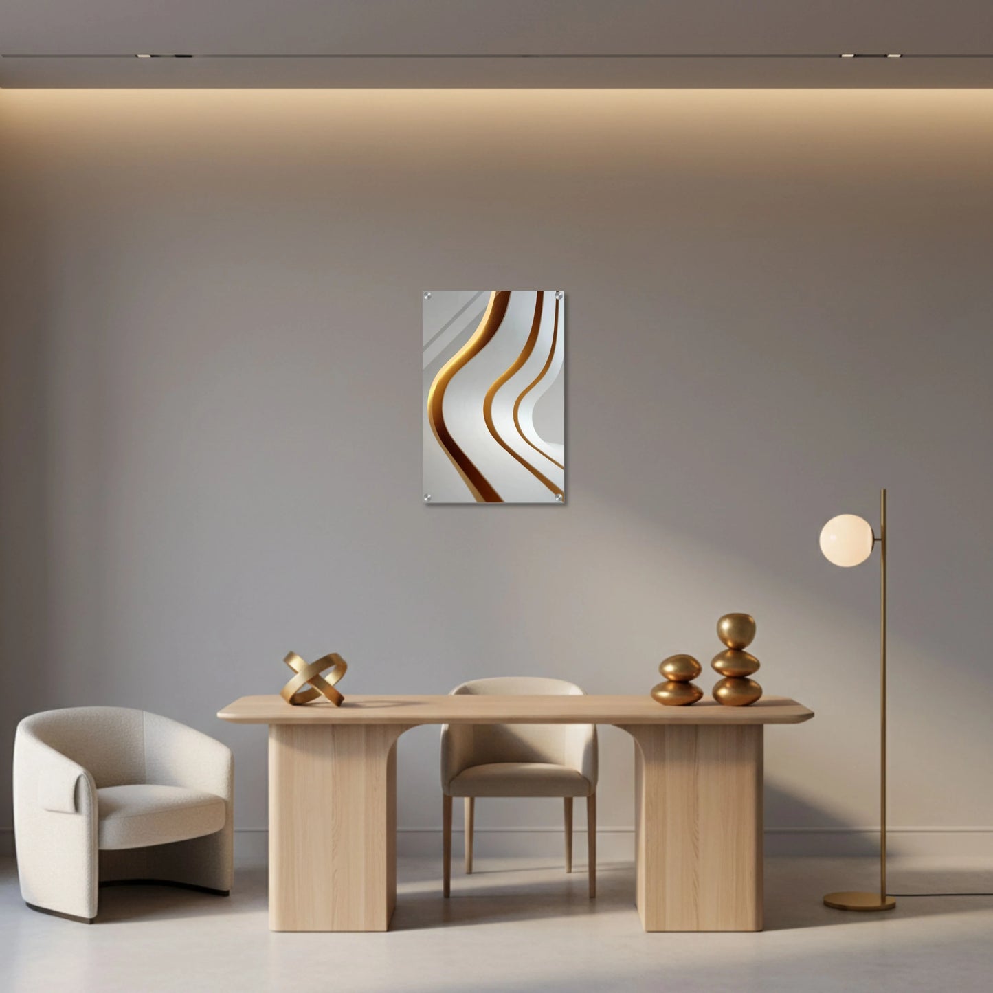 Modern interior with a wooden table, chairs, and abstract wall art.