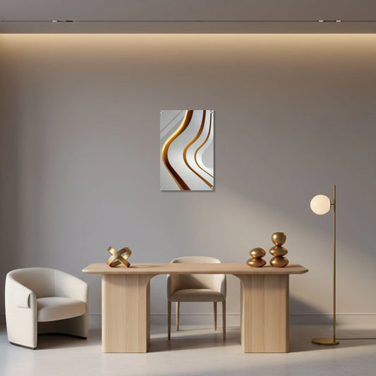 Modern interior with a wooden table, chairs, and abstract wall art.
