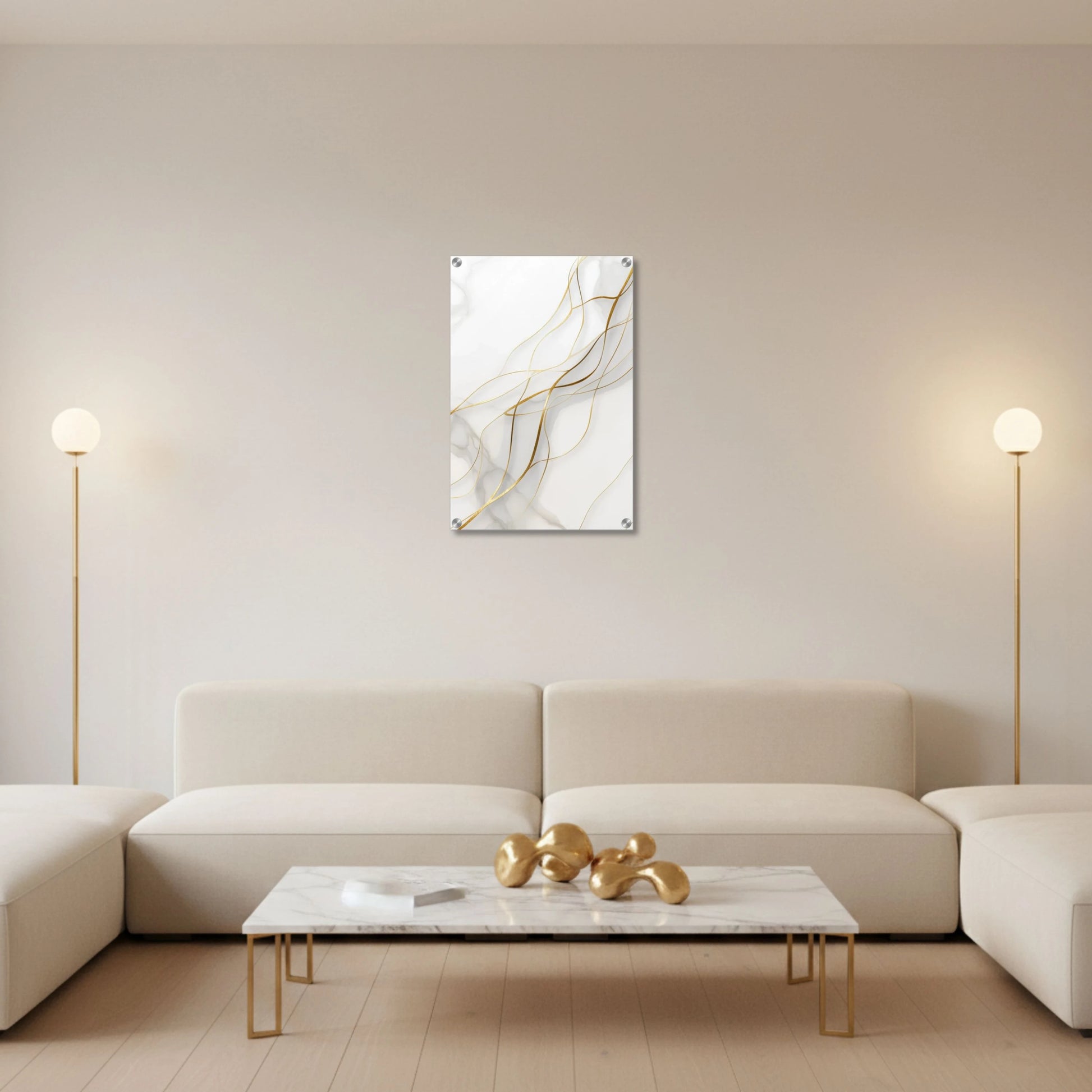 Modern living room with a marble-patterned wall art piece, white sofa, and marble coffee table.