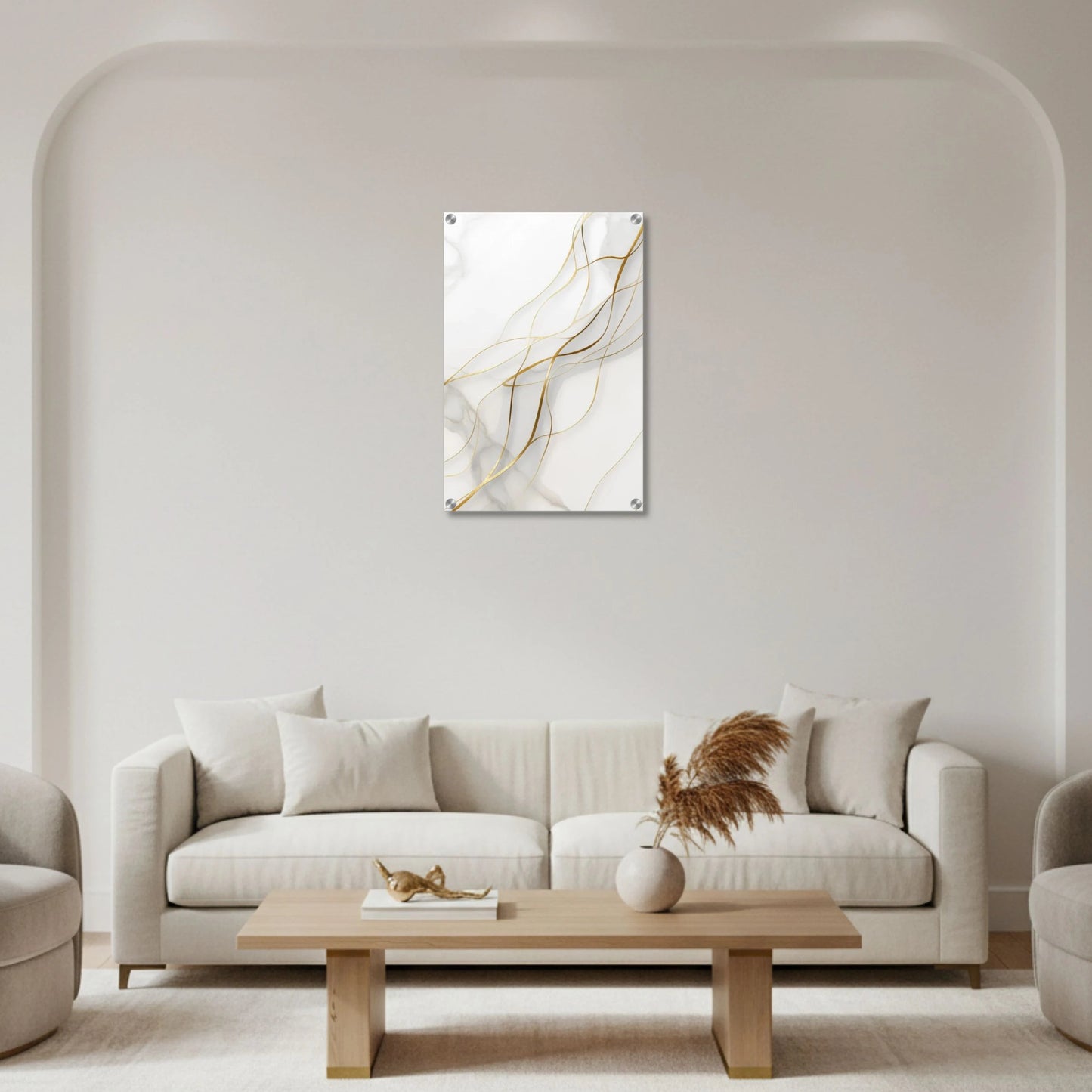 Modern living room with a beige sofa, coffee table, and abstract art on the wall.