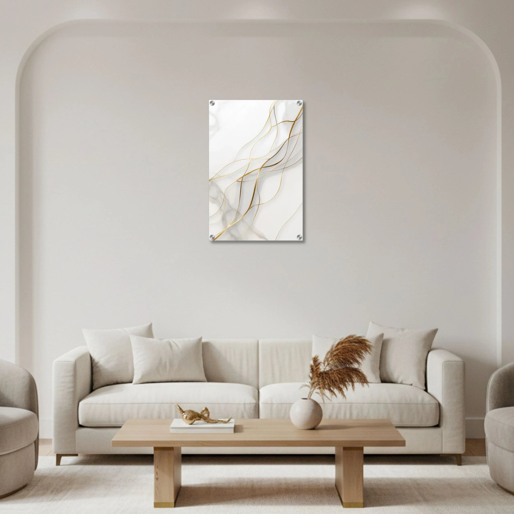 Modern living room with a beige sofa, coffee table, and abstract art on the wall.