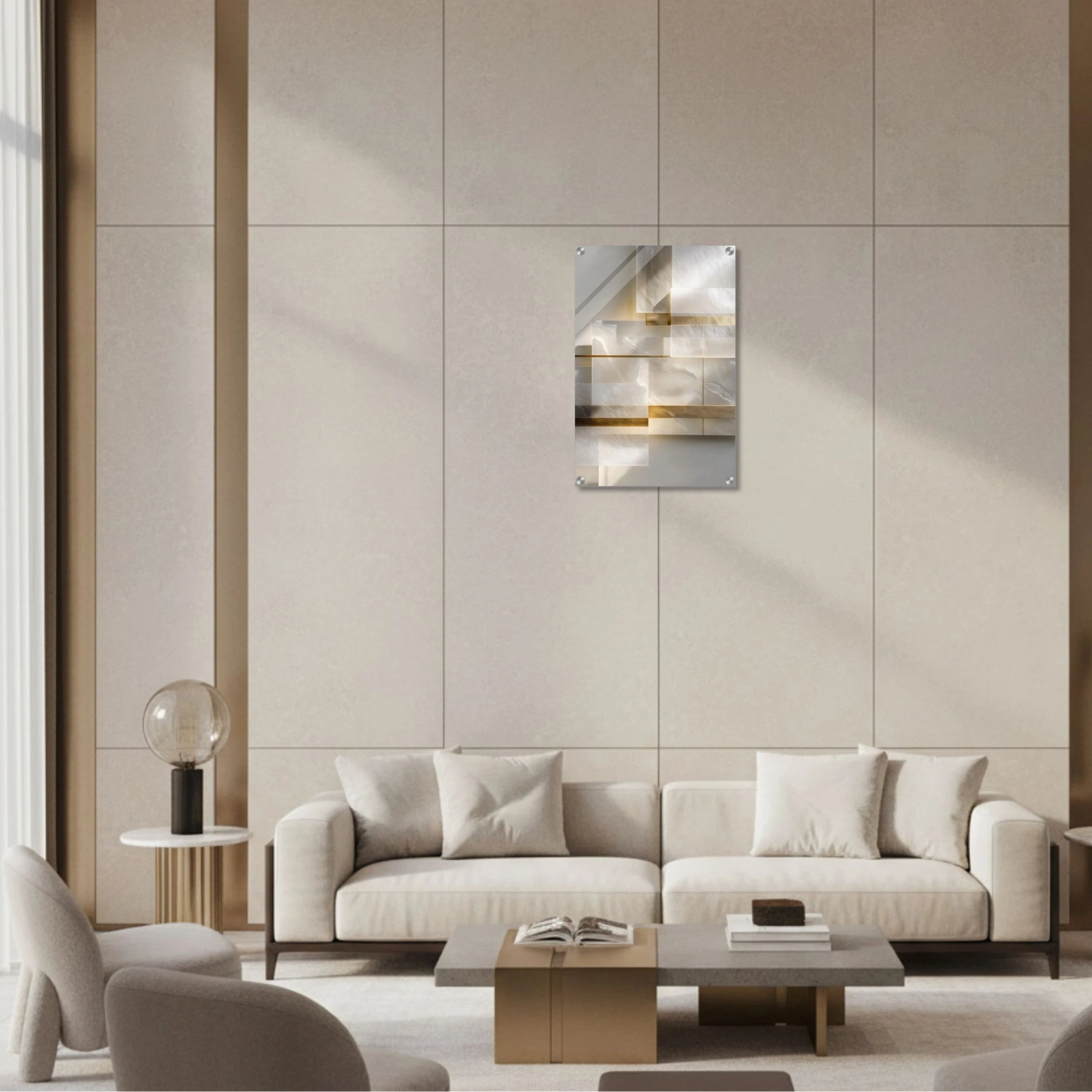 Modern living room with a beige sofa, coffee table, and wall art.