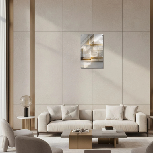 Modern living room with a beige sofa, coffee table, and wall art.