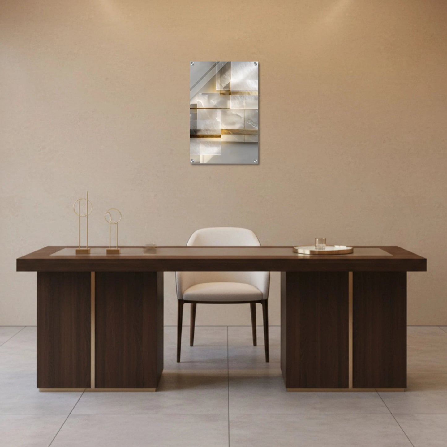 Layered Geometry in Gold & Stone – Acrylic Wall Art