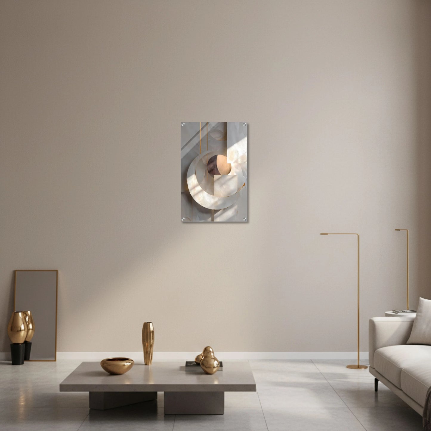 Modern living room with a wall mirror, coffee table, and decorative items.