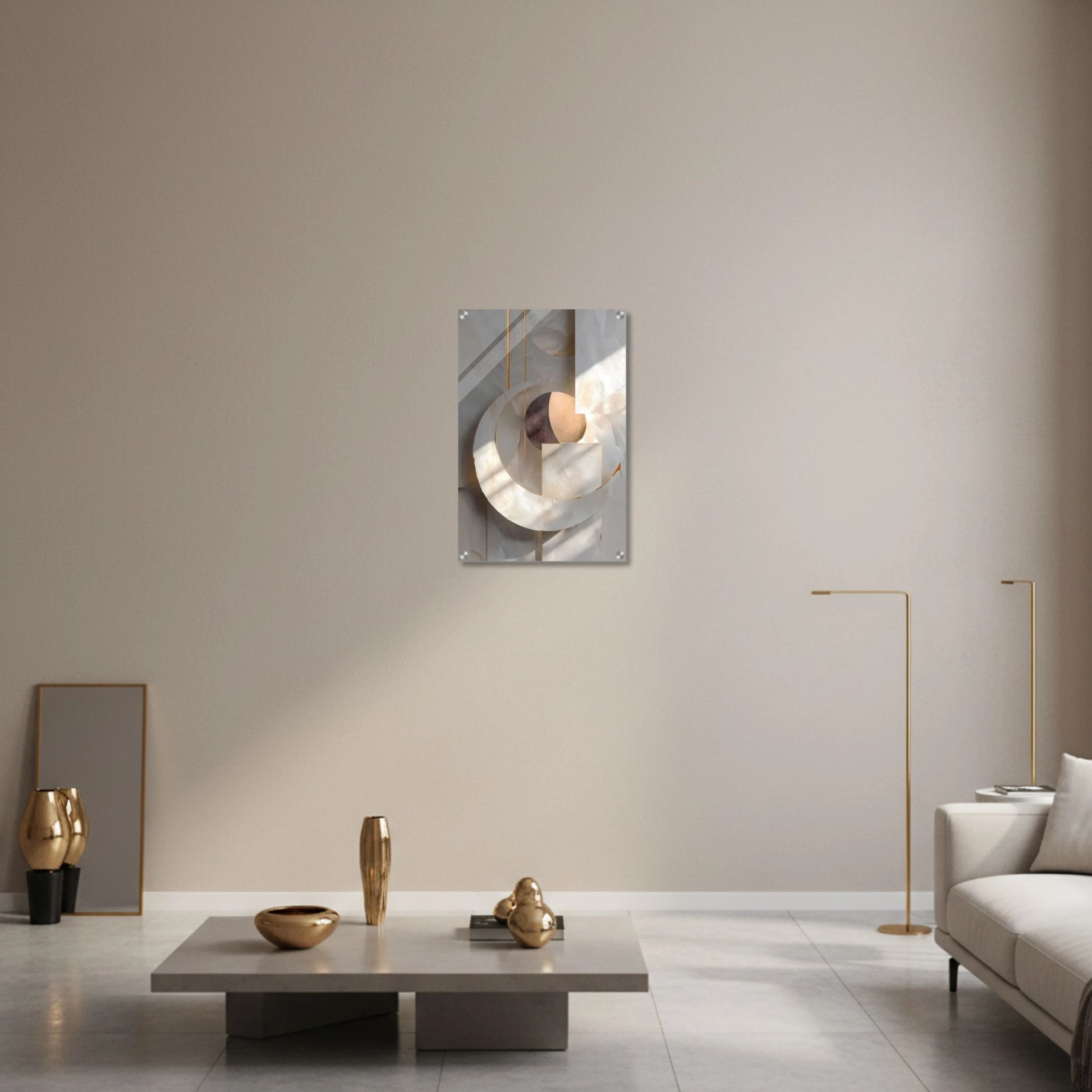 Modern living room with a wall mirror, coffee table, and decorative items.