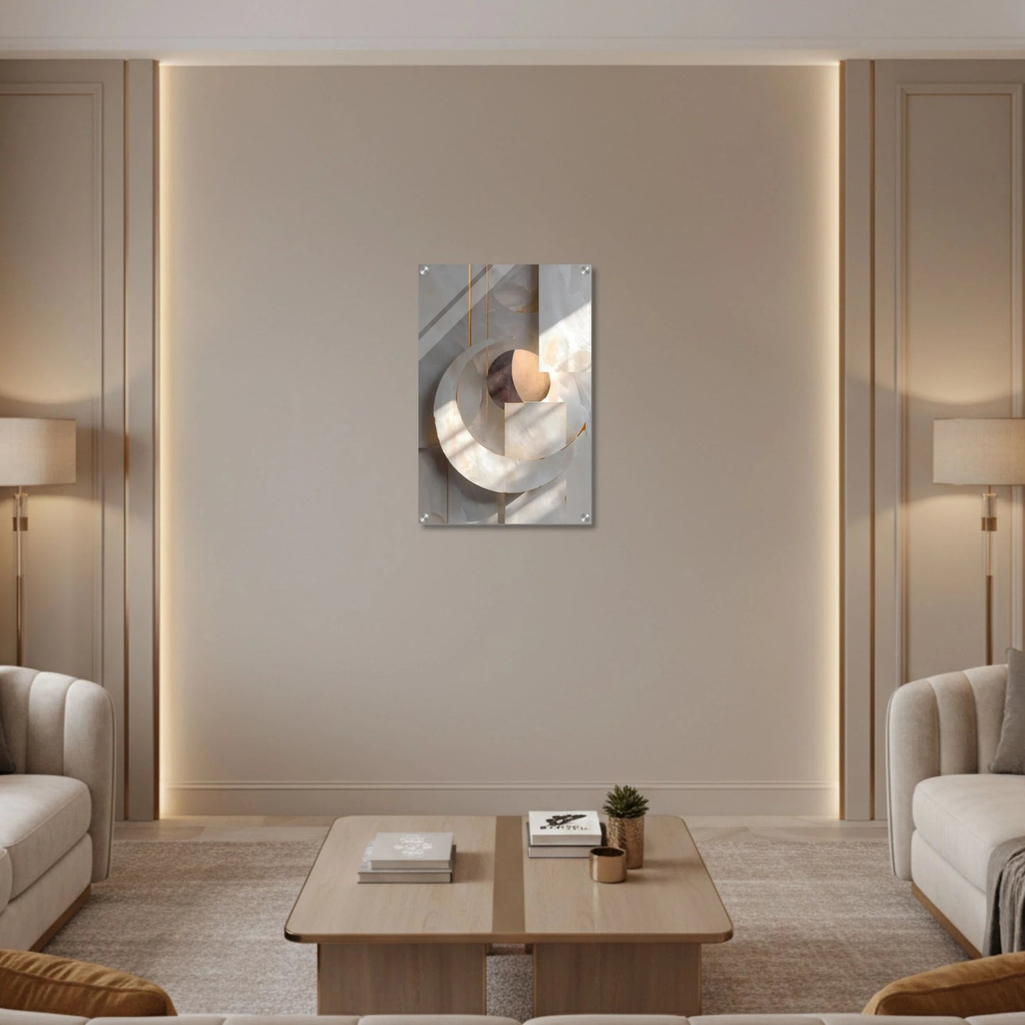 Modern living room with beige walls, gray sofas, and a decorative mirror.