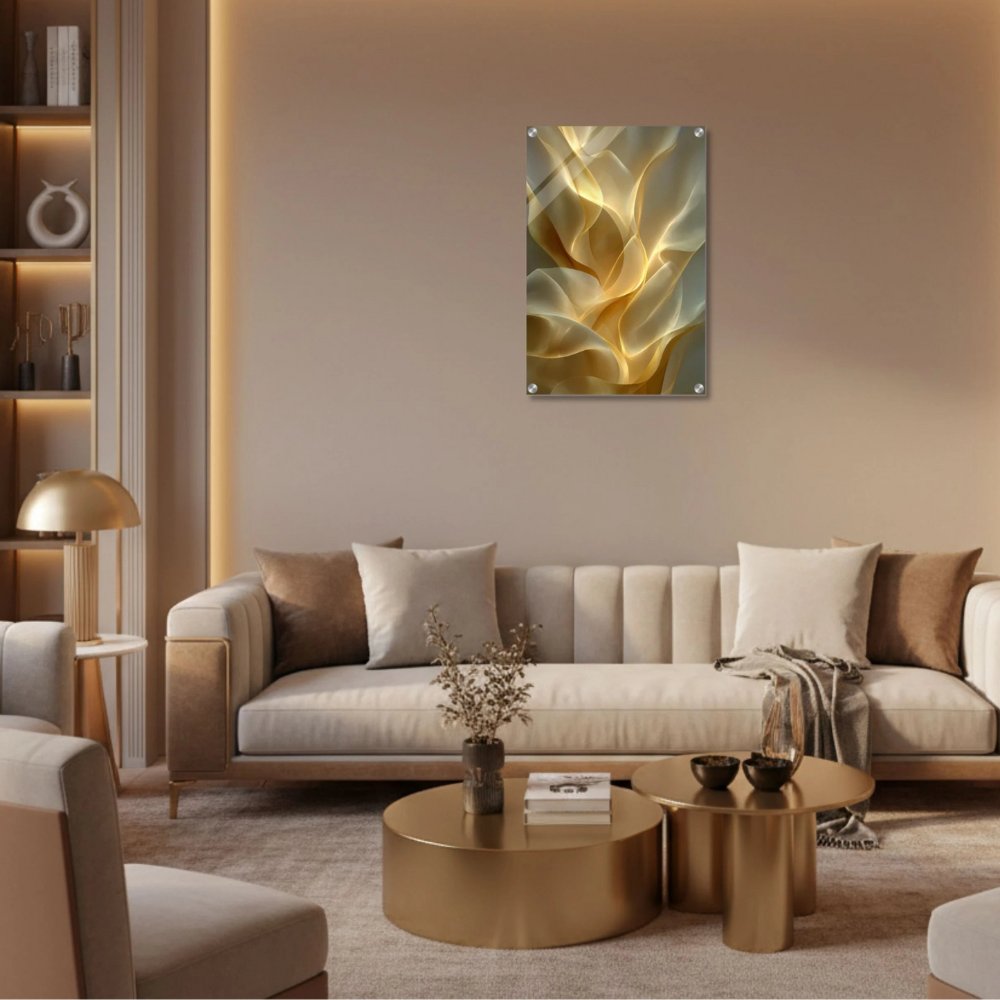 Modern living room with a beige sofa, coffee table, and abstract wall art.