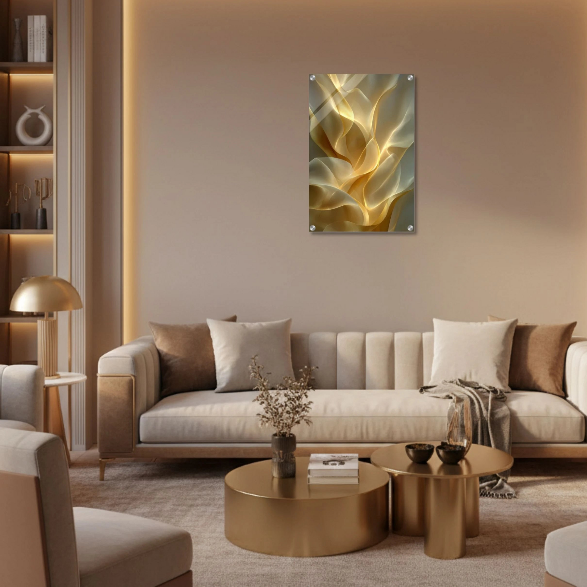 Modern living room with a beige sofa, coffee table, and abstract wall art.