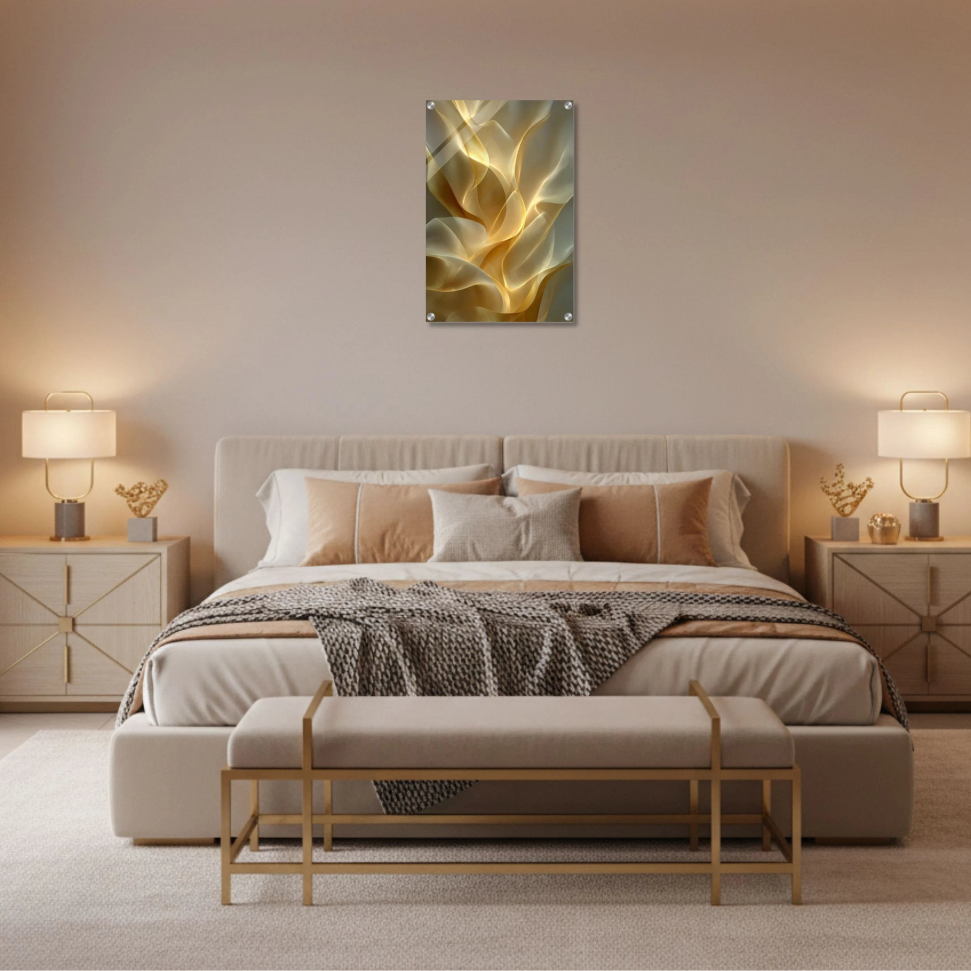 Modern bedroom with a bed, nightstands, and abstract art on the wall.