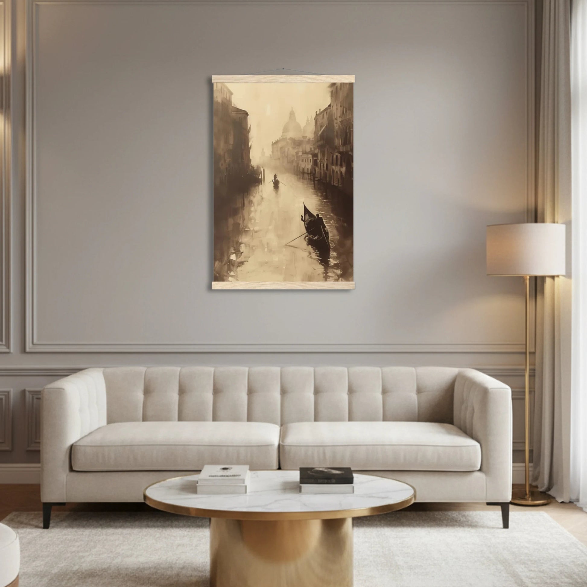 Modern living room with a beige sofa, marble coffee table, and wall art.
