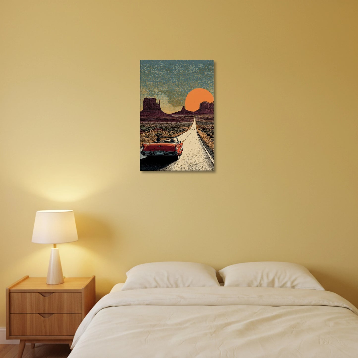 Bedroom with a painting of a desert scene with a red car on a yellow wall.