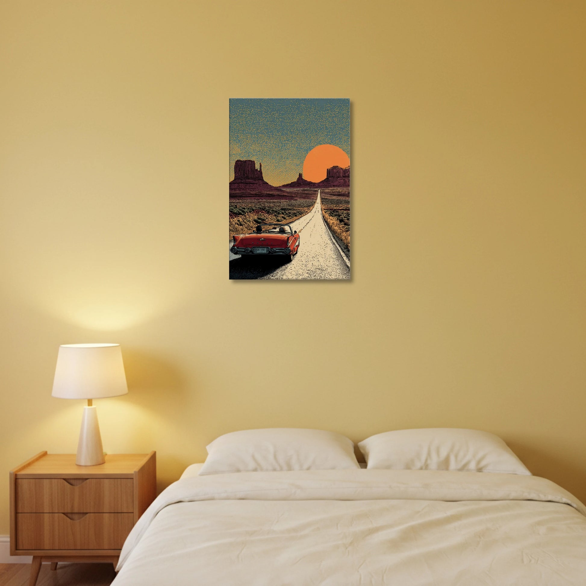 Bedroom with a painting of a desert scene with a red car on a yellow wall.