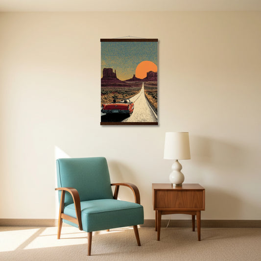 Room interior with a teal armchair, wooden side table, and framed artwork of a desert scene.