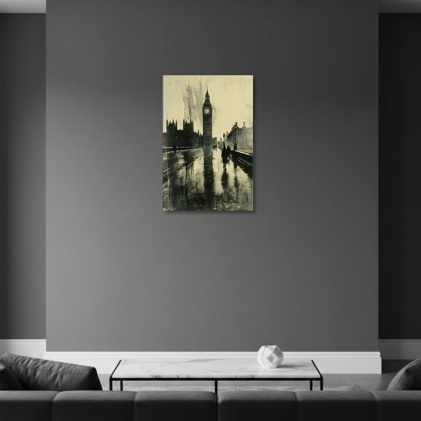 Canvas print of a cityscape with a clock tower on a gray wall above a sofa.