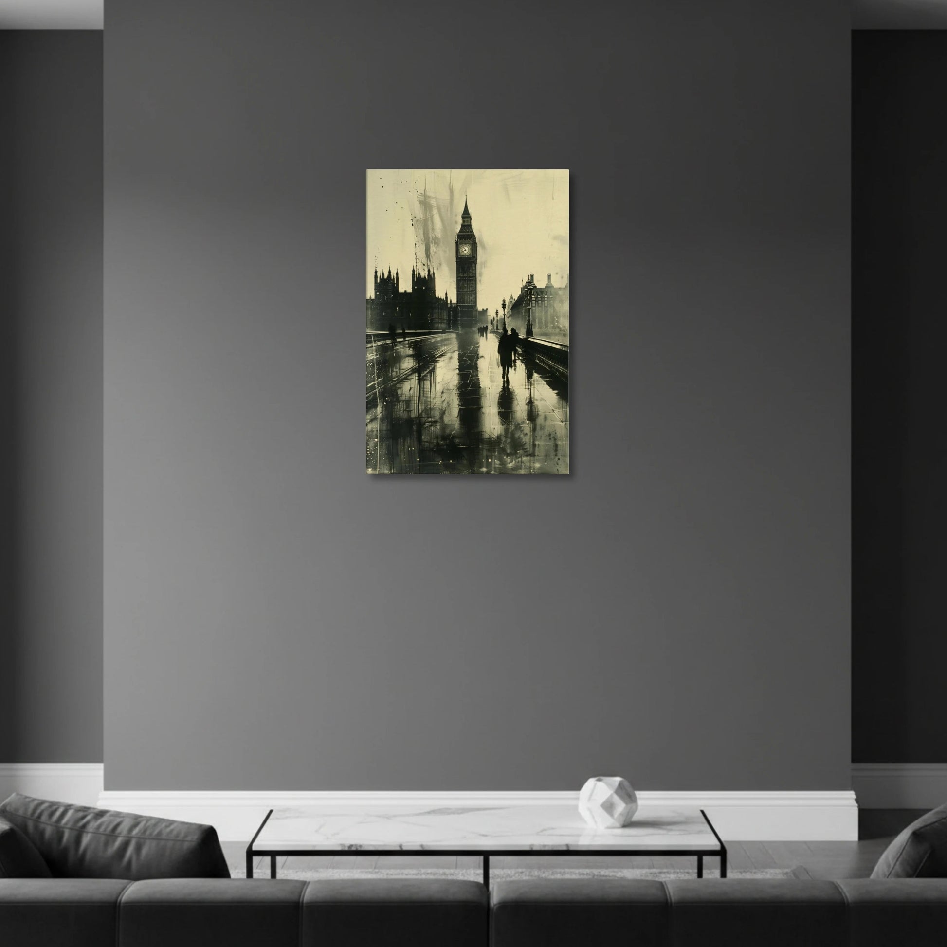 Canvas print of a cityscape with a clock tower on a gray wall above a sofa.