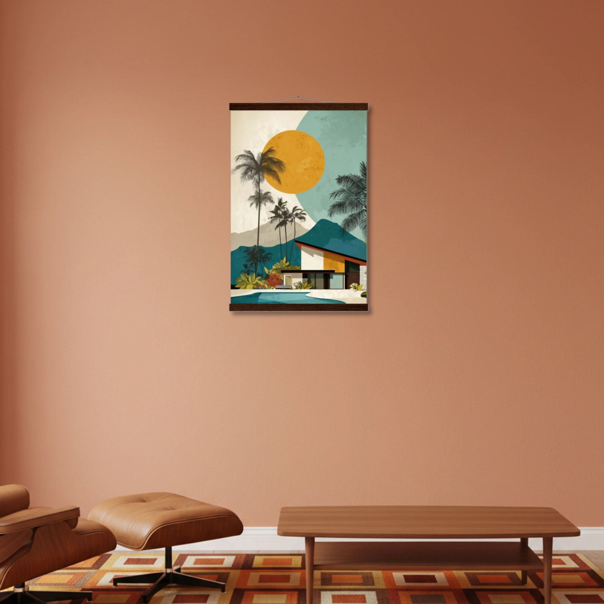 Framed artwork of a tropical scene with palm trees and a house on a peach-colored wall.