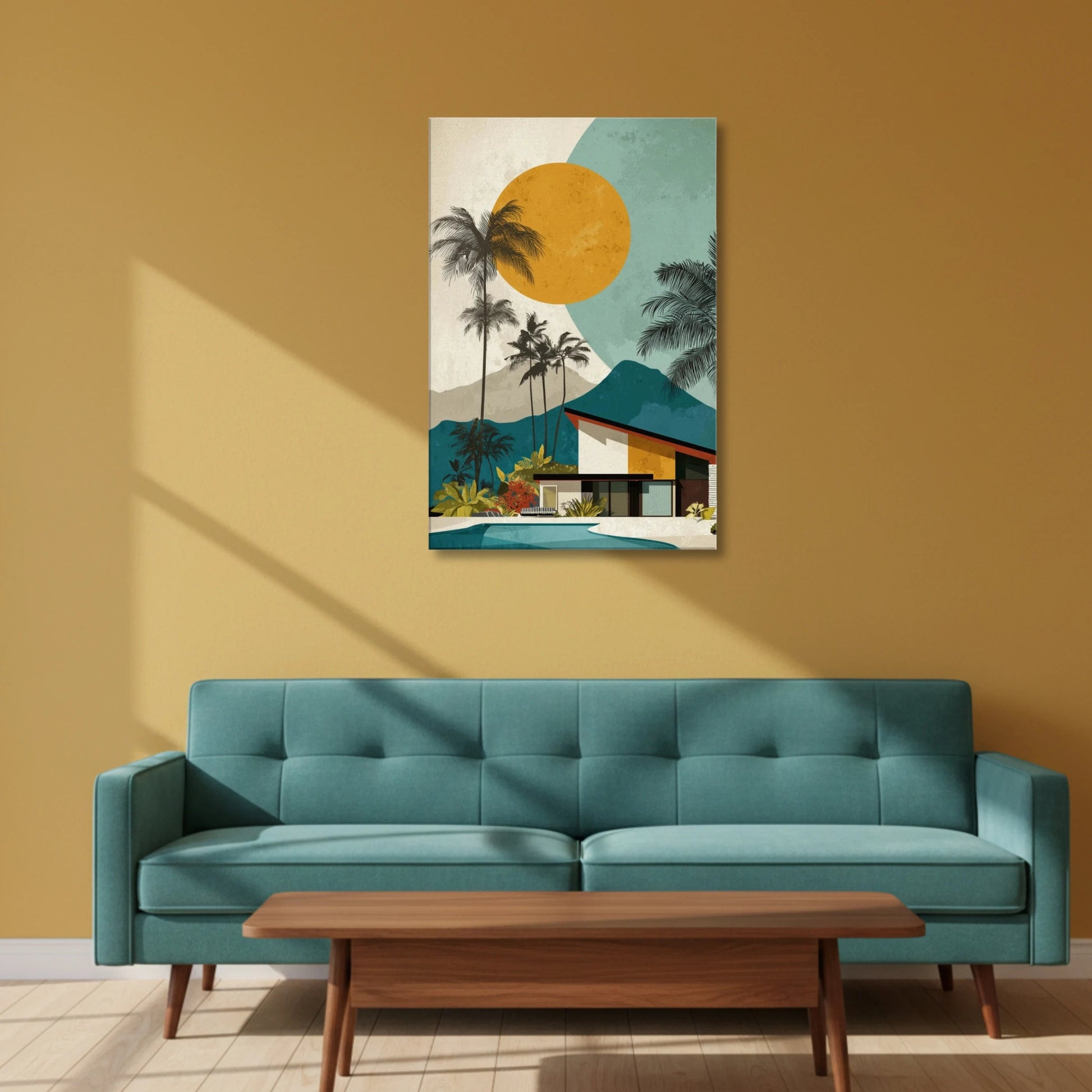 Teal sofa in a living room with a colorful abstract painting on the wall.