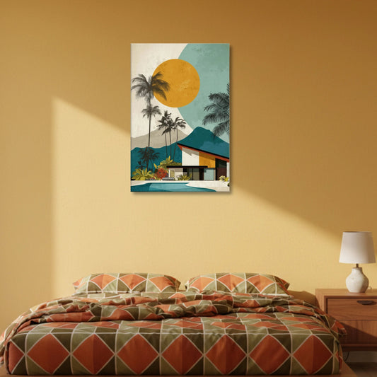 Bedroom with a tropical wall art piece on a yellow wall