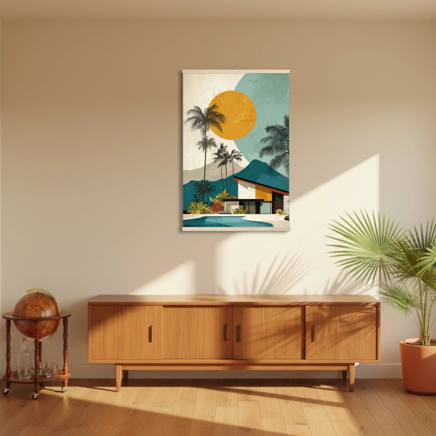 Modern living room with a wooden sideboard, potted plant, and a tropical-themed wall art.