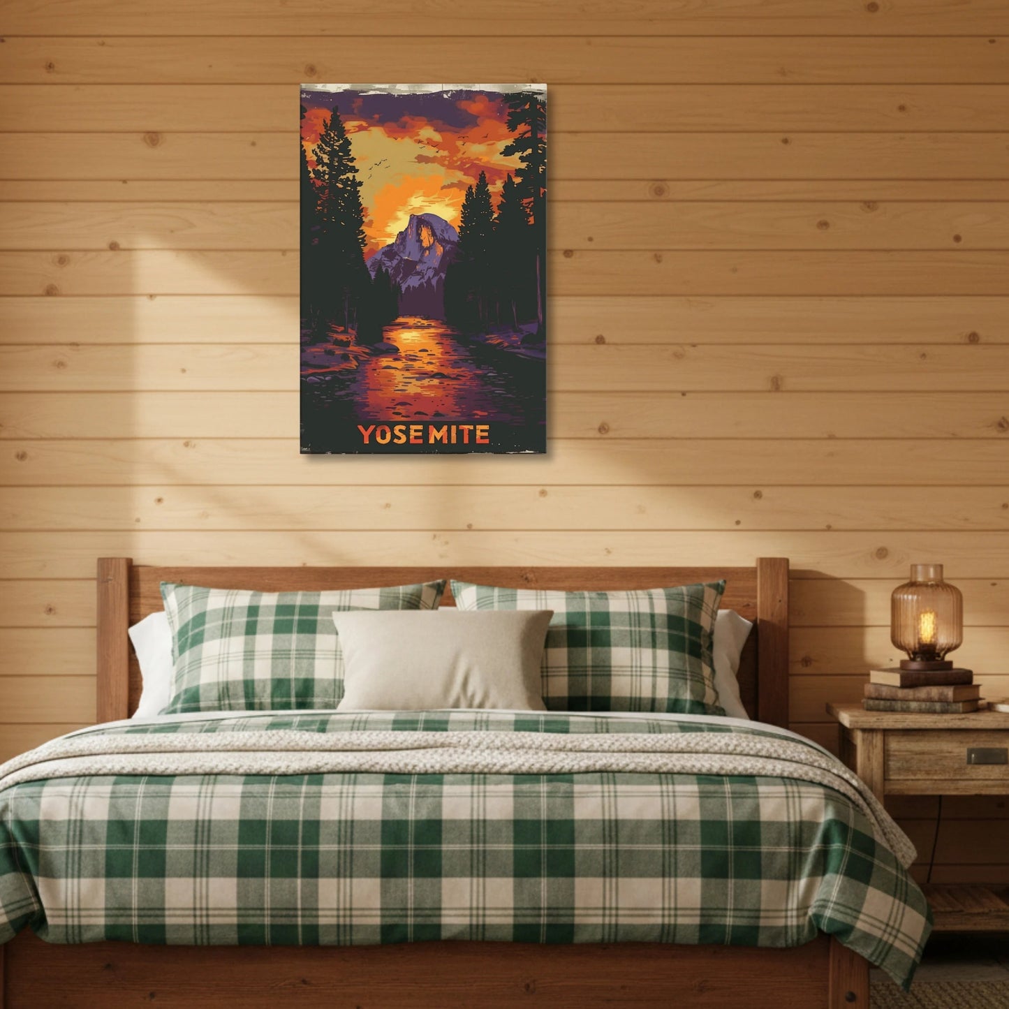 Bedroom with wooden walls, a bed with green and white checkered blanket, and a Yosemite-themed wall art above.