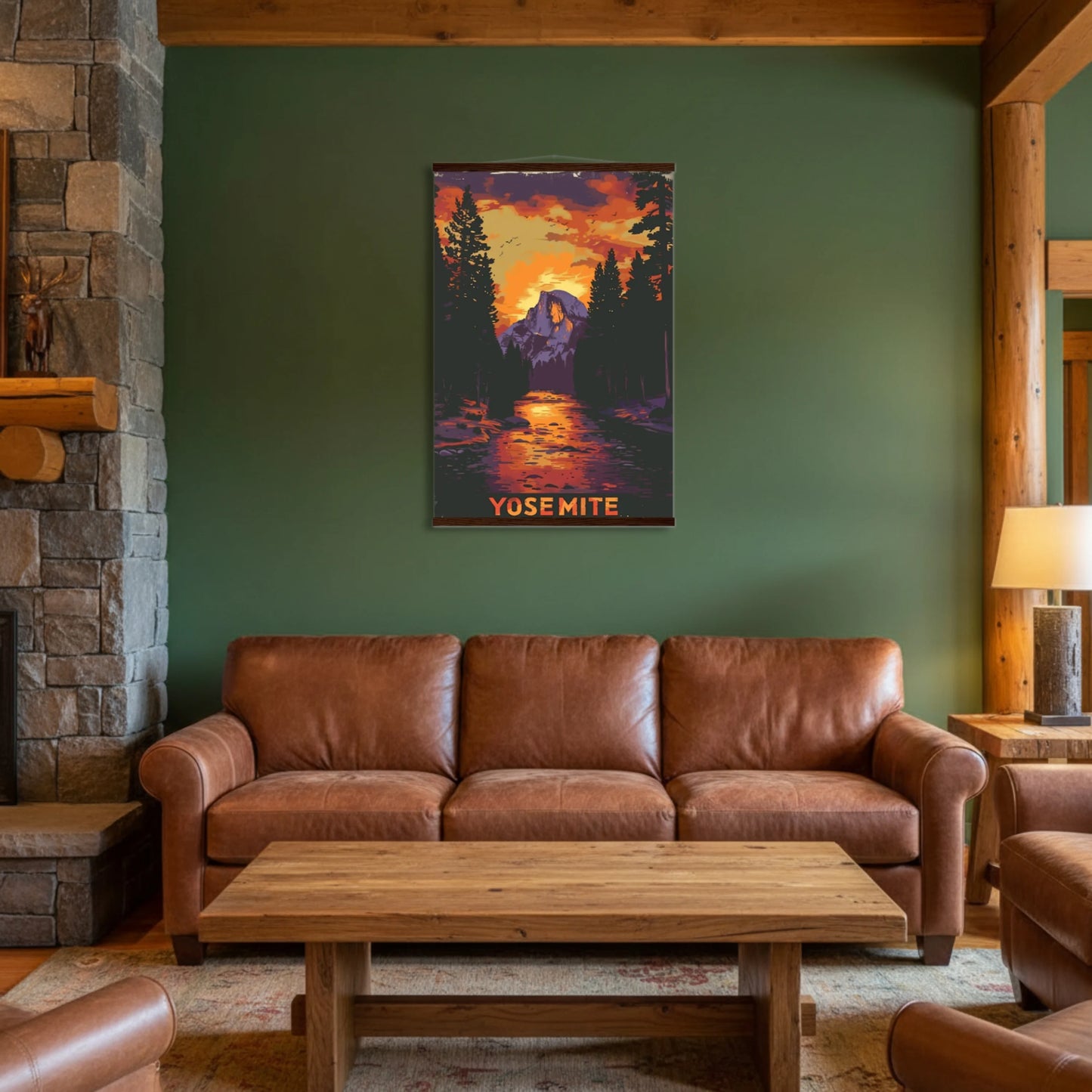 Living room with brown leather sofa, wooden coffee table, and Yosemite-themed wall art.