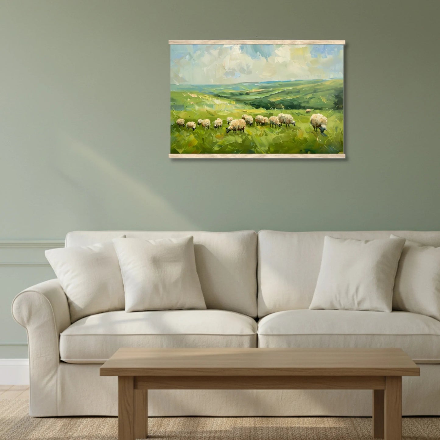 Beige sofa in a living room with a painting of a pastoral scene on the wall.