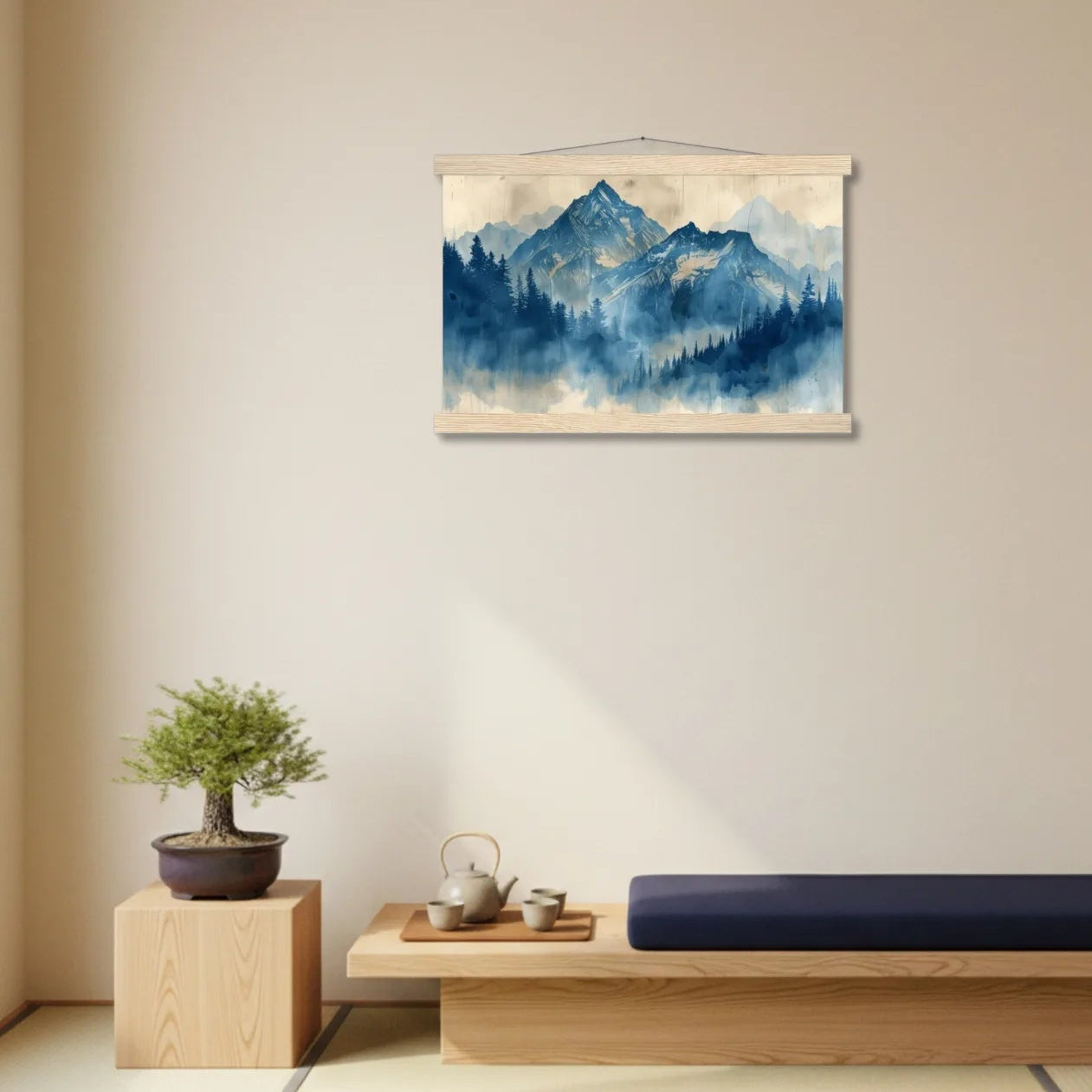 Room interior with a mountain painting on the wall, bonsai tree, and wooden bench.