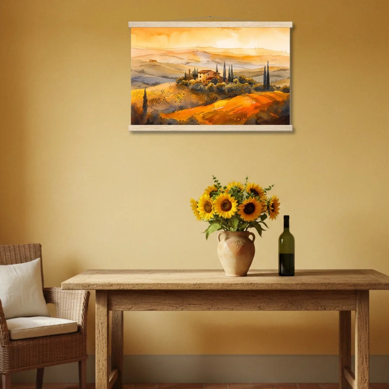 Room interior with a painting of a Tuscan landscape, a table with a vase of sunflowers and a bottle, and a chair.