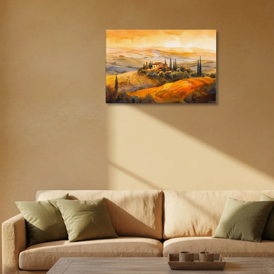 Tuscan Glow – Mediterranean Landscape Watercolor Canvas & Poster Wall Art