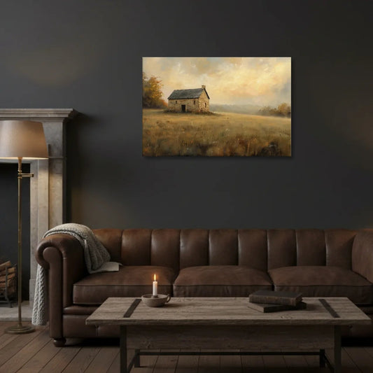 Living room with brown leather sofa, wooden coffee table, and wall art of a cabin in the field.