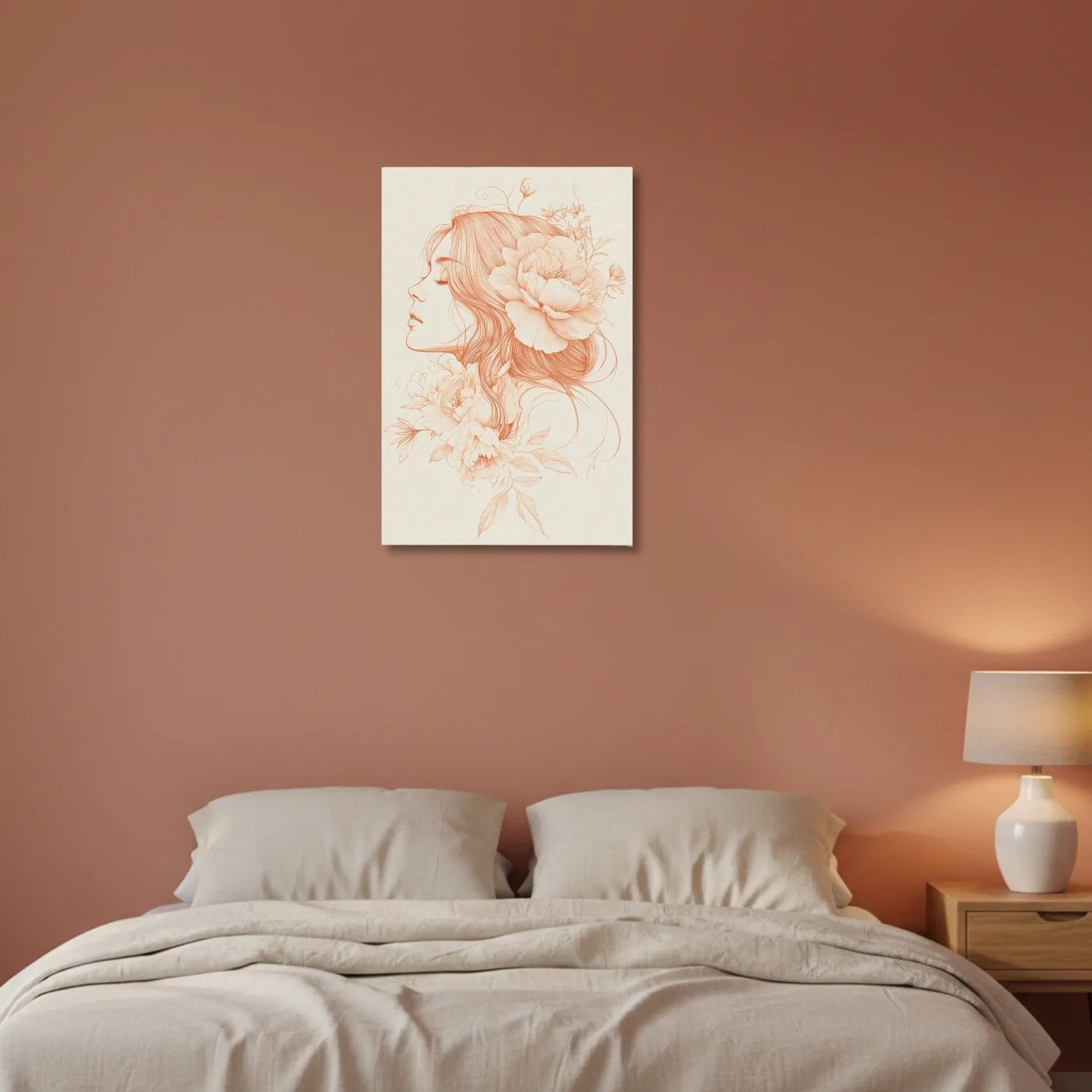 Artistic depiction of a woman with flowers on a wall above a bed in a bedroom.