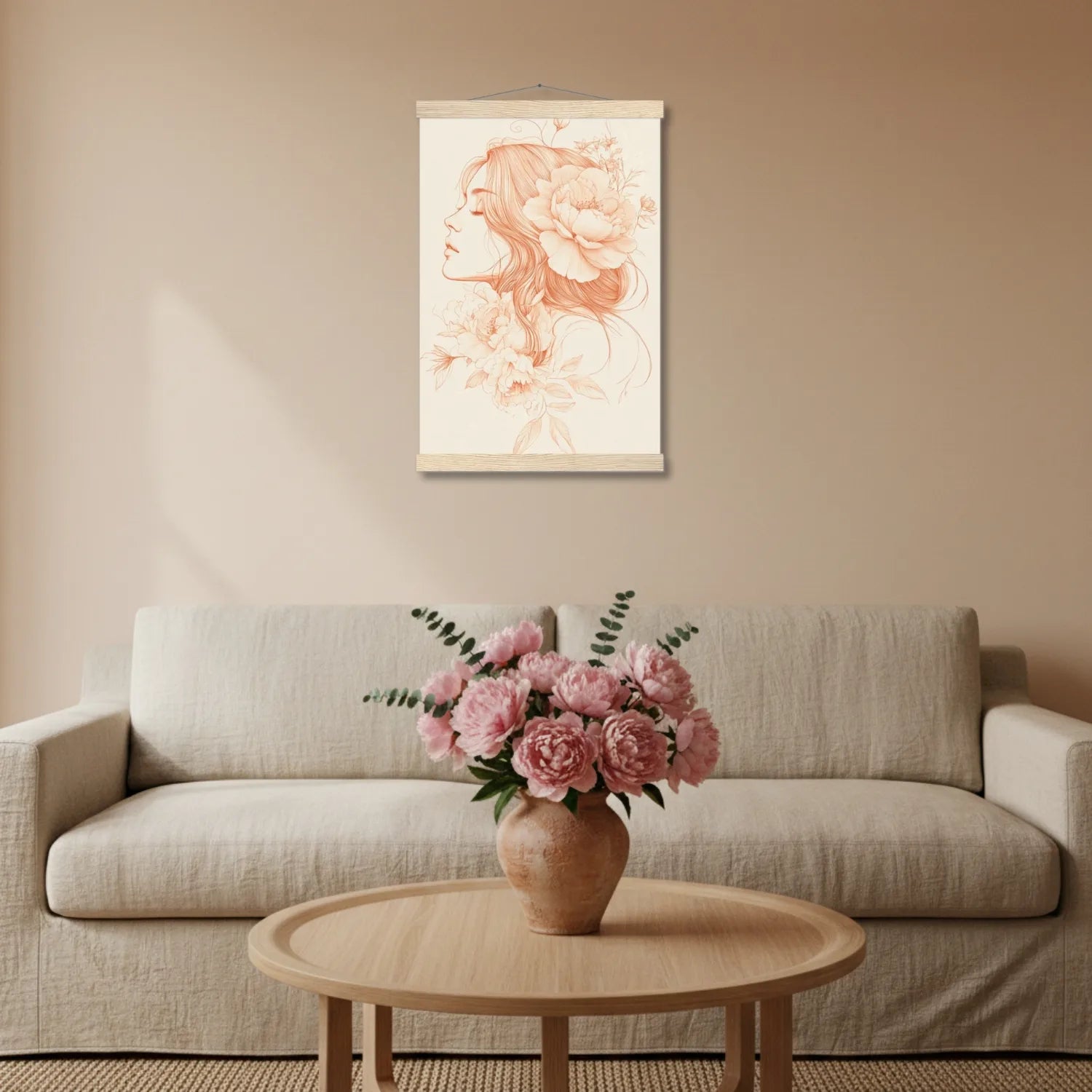 Living room with a beige sofa, wooden coffee table, and floral arrangement.