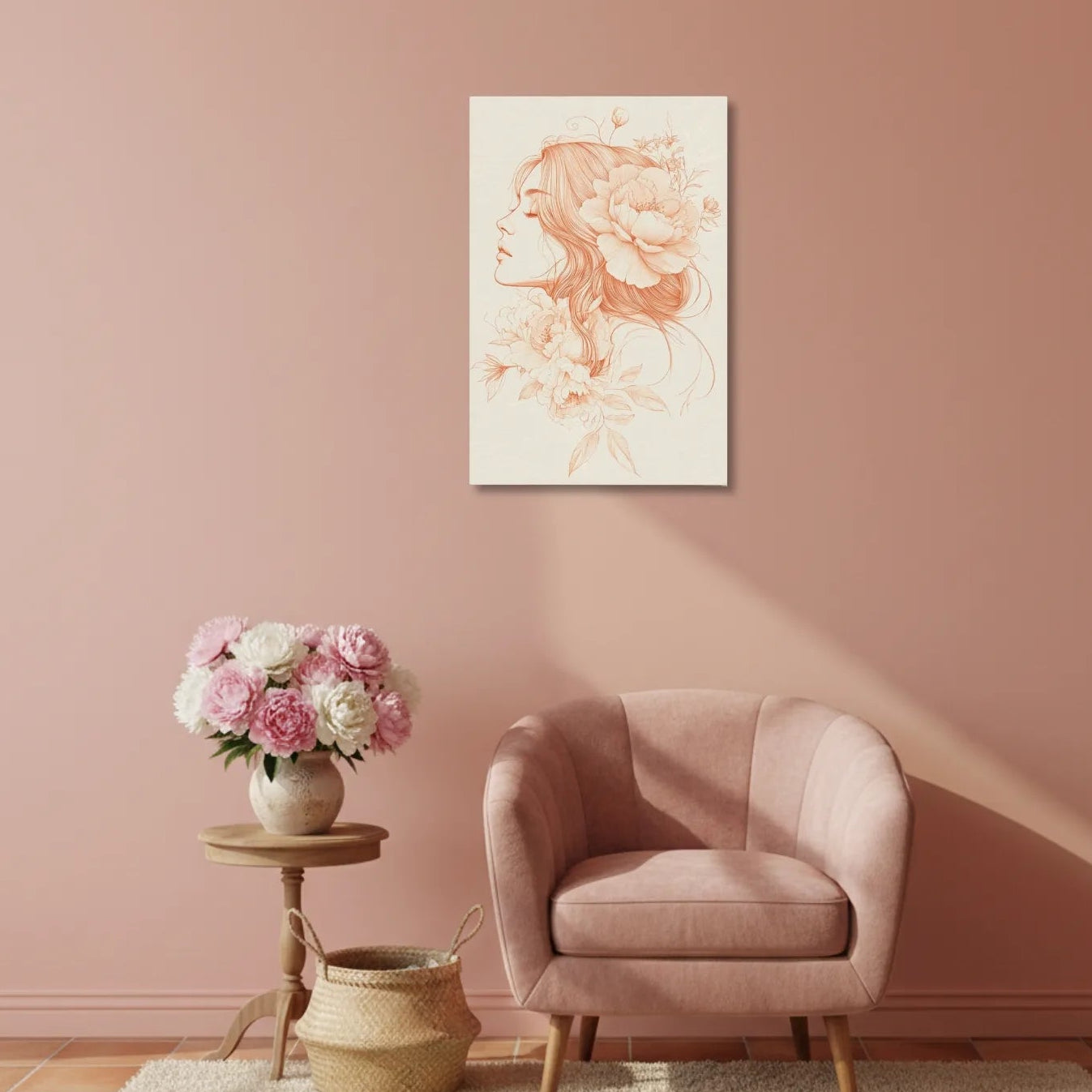 Pink armchair in a room with a painting on the wall, a small table with flowers, and a basket.