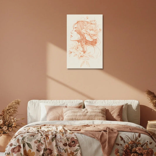 Cozy bedroom with floral bedding, wall art, and decorative plants on a warm-toned wall.