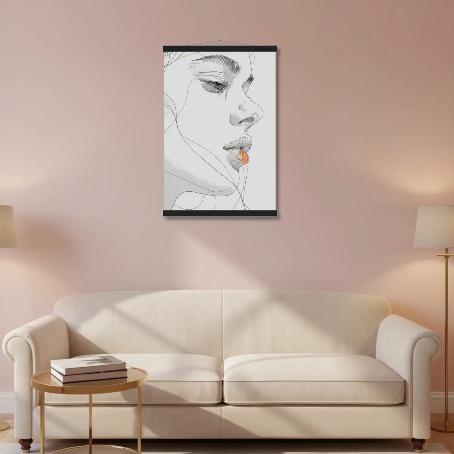 Framed artwork of a woman's face on a wall above a beige sofa in a living room.