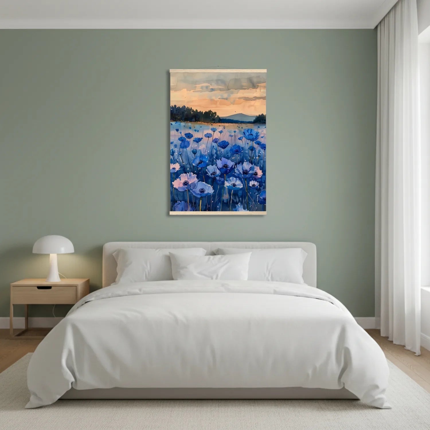 Bedroom with a painting of a floral landscape above the bed