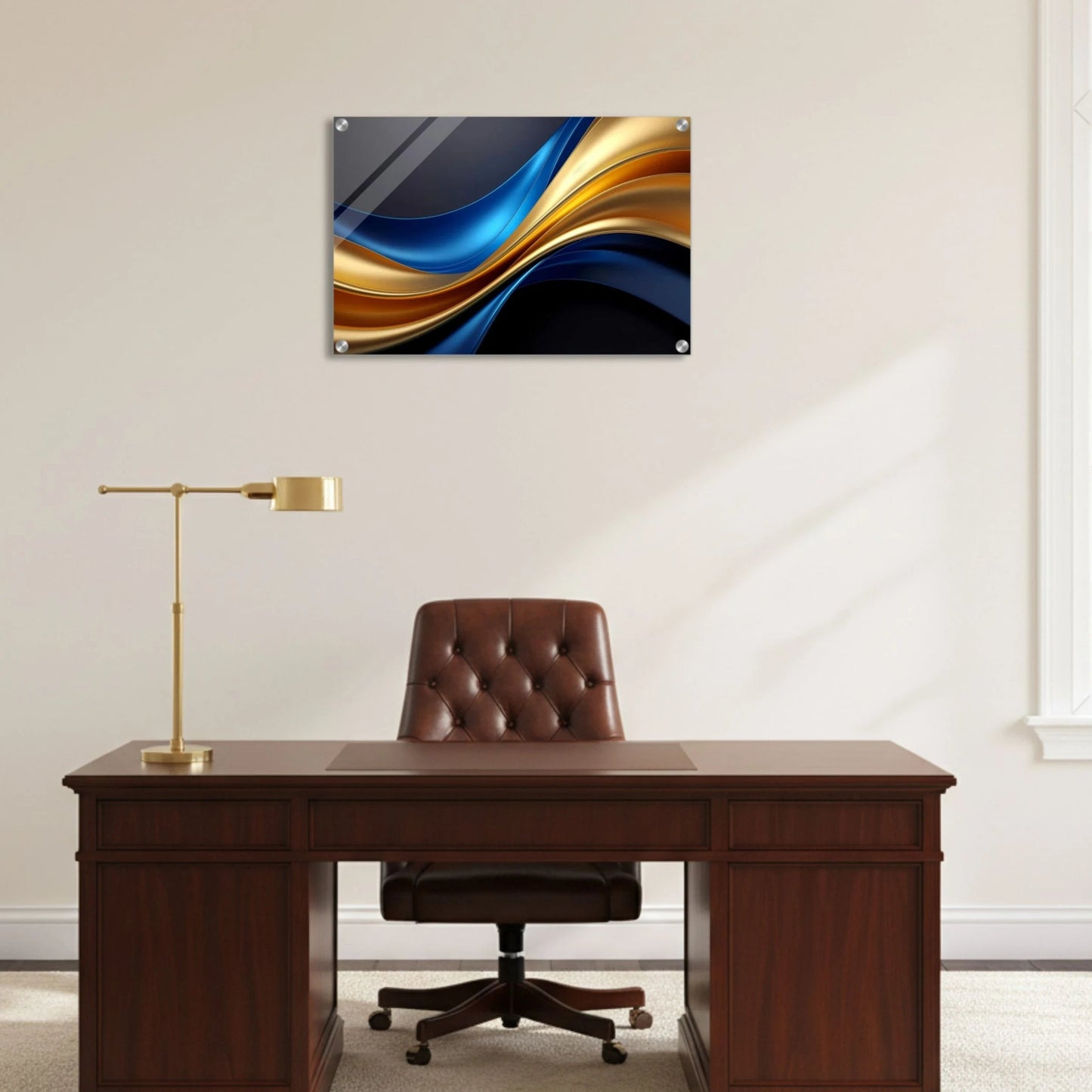 Modern office setup with a wooden desk, leather chair, and abstract wall art.
